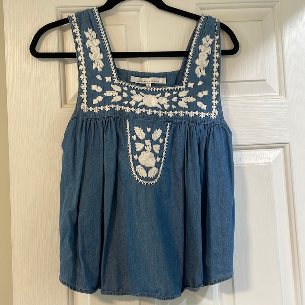 Lovers + friends Denim embroidered top size medium
